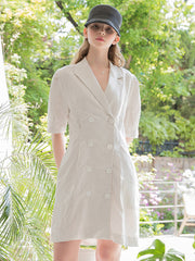 Double-Breasted Linen Dress with Tailored Lapels and Short Sleeves for Refined Warm-Weather Style