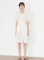 Elegant Linen Short-Sleeve Midi Dress With V-Neck And Tie-Waist For Breathable Summer Style