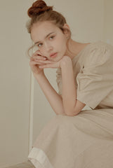 Elegant Midi-Length Linen Dress with Puff Sleeves and Tie-Back Detail for Effortless Charm
