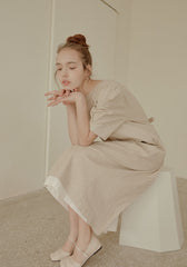 Elegant Midi-Length Linen Dress with Puff Sleeves and Tie-Back Detail for Effortless Charm