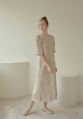 Elegant Midi-Length Linen Dress with Puff Sleeves and Tie-Back Detail for Effortless Charm