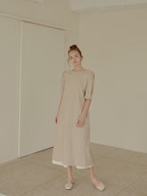 Elegant Midi-Length Linen Dress with Puff Sleeves and Tie-Back Detail for Effortless Charm