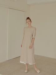 Elegant Midi-Length Linen Dress with Puff Sleeves and Tie-Back Detail for Effortless Charm