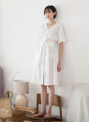 Elegant Linen Short-Sleeve Midi Dress With V-Neck And Tie-Waist For Breathable Summer Style
