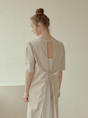 Elegant Midi-Length Linen Dress with Puff Sleeves and Tie-Back Detail for Effortless Charm