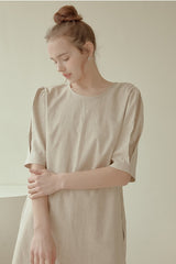Elegant Midi-Length Linen Dress with Puff Sleeves and Tie-Back Detail for Effortless Charm