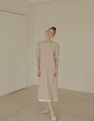 Elegant Midi-Length Linen Dress with Puff Sleeves and Tie-Back Detail for Effortless Charm