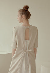 Elegant Midi-Length Linen Dress with Puff Sleeves and Tie-Back Detail for Effortless Charm