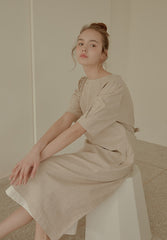 Elegant Midi-Length Linen Dress with Puff Sleeves and Tie-Back Detail for Effortless Charm