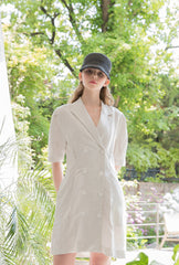 Double-Breasted Linen Dress with Tailored Lapels and Short Sleeves for Refined Warm-Weather Style
