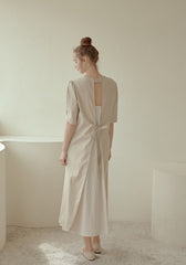 Elegant Midi-Length Linen Dress with Puff Sleeves and Tie-Back Detail for Effortless Charm
