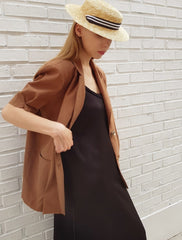 Tailored Linen Blazer with Short Sleeves and Statement Buttons for Effortless Warm-Weather Layering