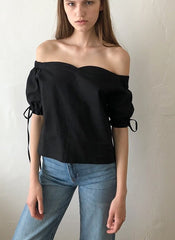 Off-Shoulder Linen Blouse with Puff Sleeves and Drawstring Cuffs – Lightweight Summer Top