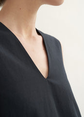 Sleeveless A-Line Linen Dress with V-Neckline and Flowing Mid-Calf Hem