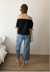 Off-Shoulder Linen Blouse with Puff Sleeves and Drawstring Cuffs – Lightweight Summer Top