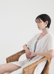 Elegant Linen Short-Sleeve Midi Dress With V-Neck And Tie-Waist For Breathable Summer Style