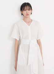 Elegant Linen Short-Sleeve Midi Dress With V-Neck And Tie-Waist For Breathable Summer Style