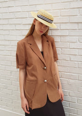 Tailored Linen Blazer with Short Sleeves and Statement Buttons for Effortless Warm-Weather Layering