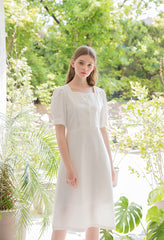 Square Neck Linen Midi Dress with Puff Sleeves and Front Button Detail for Elegant Summer Styling