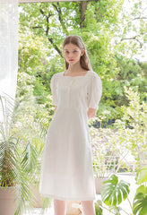 Square Neck Linen Midi Dress with Puff Sleeves and Front Button Detail for Elegant Summer Styling