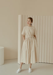 Midi-Length Linen Dress with Ruched Waist and Short Sleeves for Effortless Everyday Elegance