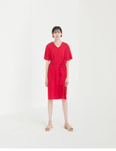 Button-Front V-Neck Linen Midi Dress with Waist Tie and Short Sleeves for Summer Style