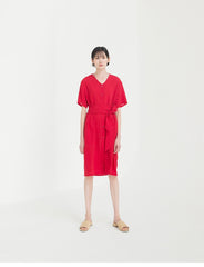Button-Front V-Neck Linen Midi Dress with Waist Tie and Short Sleeves for Summer Style