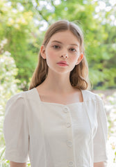 Square Neck Linen Midi Dress with Puff Sleeves and Front Button Detail for Elegant Summer Styling