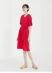 Button-Front V-Neck Linen Midi Dress with Waist Tie and Short Sleeves for Summer Style