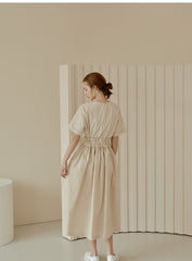 Midi-Length Linen Dress with Ruched Waist and Short Sleeves for Effortless Everyday Elegance
