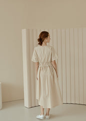 Midi-Length Linen Dress with Ruched Waist and Short Sleeves for Effortless Everyday Elegance