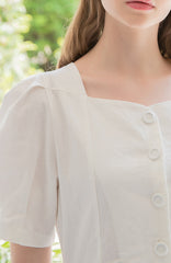 Square Neck Linen Midi Dress with Puff Sleeves and Front Button Detail for Elegant Summer Styling