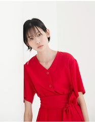 Button-Front V-Neck Linen Midi Dress with Waist Tie and Short Sleeves for Summer Style