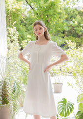 Square Neck Linen Midi Dress with Puff Sleeves and Front Button Detail for Elegant Summer Styling