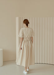 Midi-Length Linen Dress with Ruched Waist and Short Sleeves for Effortless Everyday Elegance