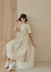 Midi-Length Linen Dress with Ruched Waist and Short Sleeves for Effortless Everyday Elegance