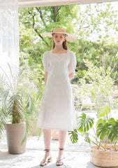 Square Neck Linen Midi Dress with Puff Sleeves and Front Button Detail for Elegant Summer Styling
