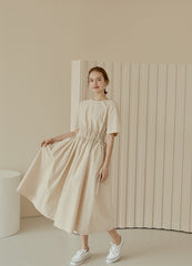 Midi-Length Linen Dress with Ruched Waist and Short Sleeves for Effortless Everyday Elegance