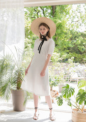 Square Neck Linen Midi Dress with Puff Sleeves and Front Button Detail for Elegant Summer Styling