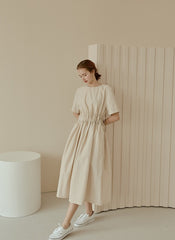 Midi-Length Linen Dress with Ruched Waist and Short Sleeves for Effortless Everyday Elegance