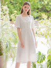 Square Neck Linen Midi Dress with Puff Sleeves and Front Button Detail for Elegant Summer Styling
