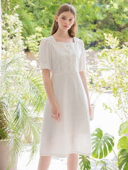 Square Neck Linen Midi Dress with Puff Sleeves and Front Button Detail for Elegant Summer Styling