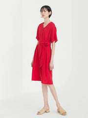 Button-Front V-Neck Linen Midi Dress with Waist Tie and Short Sleeves for Summer Style