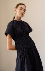 Elegant A-line Linen Midi Dress with Shirred Waist and Short Sleeves for Effortless Style