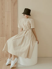 Midi-Length Linen Dress with Ruched Waist and Short Sleeves for Effortless Everyday Elegance