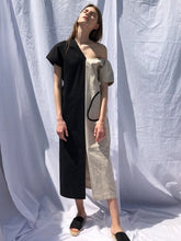 Asymmetric One-Shoulder Linen Midi Dress with Dual-Tone Panel and Puff Sleeve Detail