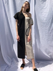 Asymmetric One-Shoulder Linen Midi Dress with Dual-Tone Panel and Puff Sleeve Detail