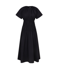 Elegant A-line Linen Midi Dress with Shirred Waist and Short Sleeves for Effortless Style