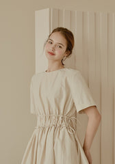 Midi-Length Linen Dress with Ruched Waist and Short Sleeves for Effortless Everyday Elegance