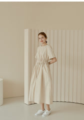 Midi-Length Linen Dress with Ruched Waist and Short Sleeves for Effortless Everyday Elegance